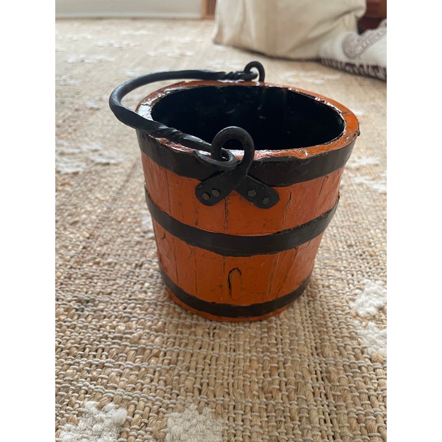 Antique Primitive Wooden Forged Iron Rice Berry Bucket Orange For Sale - Image 4 of 9