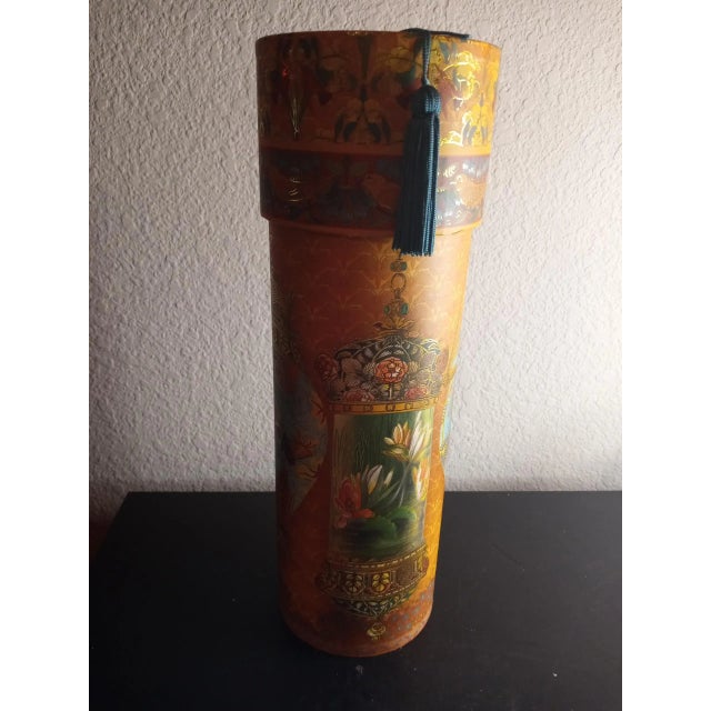 1990s Punch Studio Handpainted Gold Asian Motif Storage Tube For Sale - Image 4 of 9