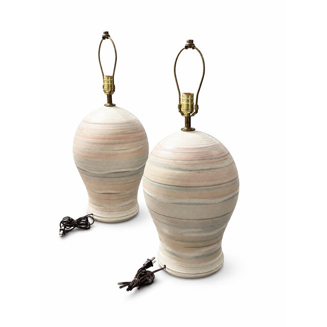 1980s Late 20th Century Postmodern Pastel Striped Ceramic Table Lamps – A Pair For Sale - Image 5 of 8