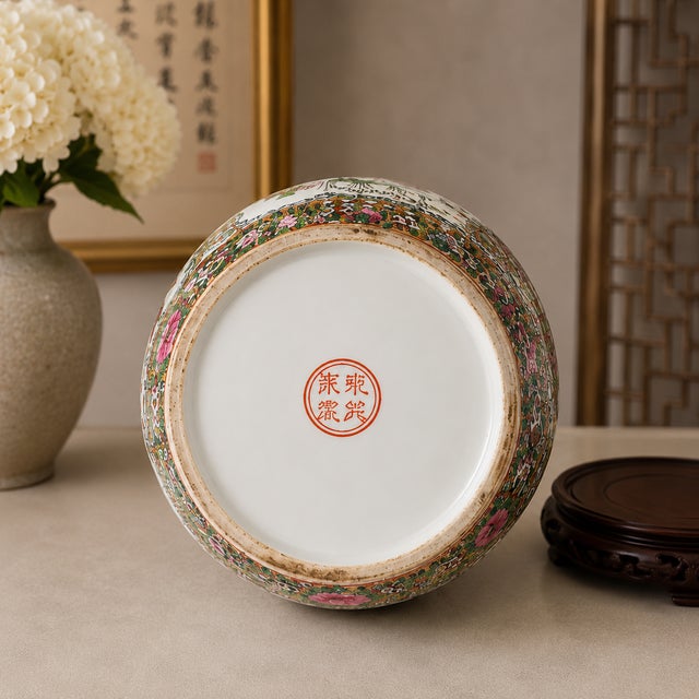 Chinese Large Chinese Famille Rose Porcelain Ginger Jar With Lid & Carved Hardwood Stand – Court Scene & Phoenix Motif For Sale - Image 3 of 6