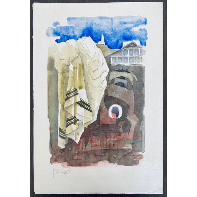 Paint Moses Bagel Bahelfer, Polish French Judaica Watercolor Gouache Painting Original Bauhaus Yiddish Art For Sale - Image 7 of 7