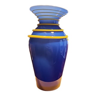 Carlo Moretti Murano Cased Glass Vase -Cobalt With Yellow Spiral Wrap -4.4lbs - For Sale