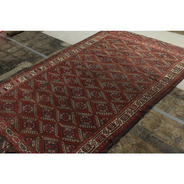 Tribal Hand-Knotted Antique Russian Yamut Rug in Red, White Tribal Dyrnak Pattern For Sale - Image 3 of 7