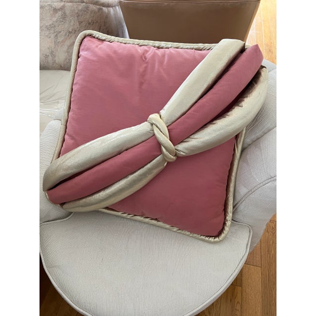 1980s Custom Made Large Pink Gold Ribbon Pillow. Pillow case can be easily removed and hand washed