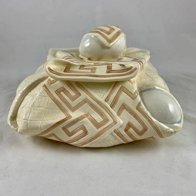 From the Sarreguemines Majolica Napkin line, a trompe l’oeil egg box or Pâté Terrine, France, circa 1885- 1890. What a...