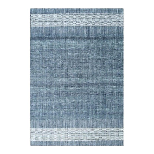6x9 Blue Flat Weave Wool Banded Diamond Border Geometric Modern Carpet Rug For Sale