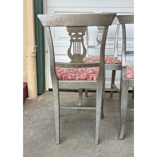 1980s Silvered Lyre Back Dining Chairs Fabric Attributed to Fortuny For Sale - Image 11 of 12