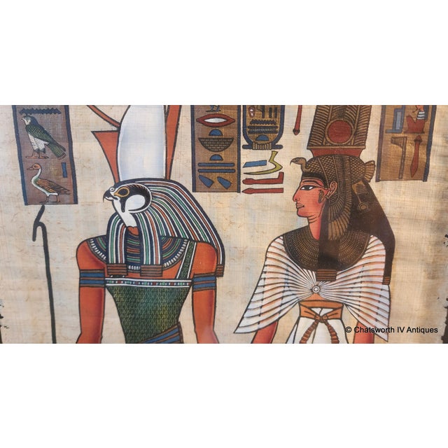 Vintage Framed Hand Painted Papyrus Egyptian Painting of Horus & Nefertiti ~ Signed, 1990s For Sale - Image 4 of 5