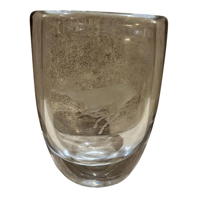 1970s Strombergshyttan Crystal Art Glass Vase Etched Deer For Sale