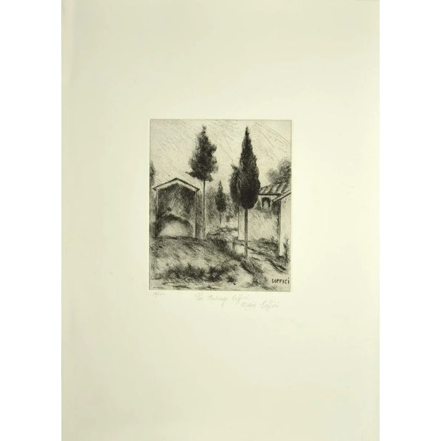 Poggio a Caiano is an original black and white etching realized by Ardengo Soffici in 1964. Hand written dedication on the...
