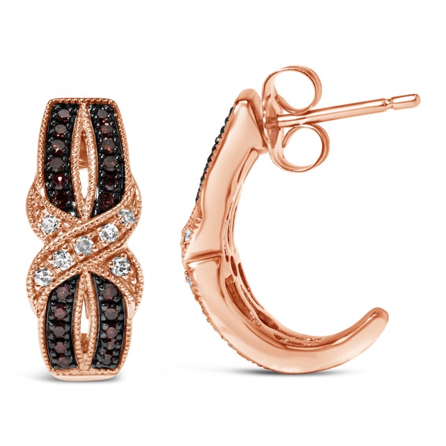 Contemporary 10K Rose Gold 1/3 Cttw White and Brown Diamond Milgrain Criss Cross J-Hoop Earrings (I-J Color, I1-I2 Clarity) For Sale - Image 3 of 5