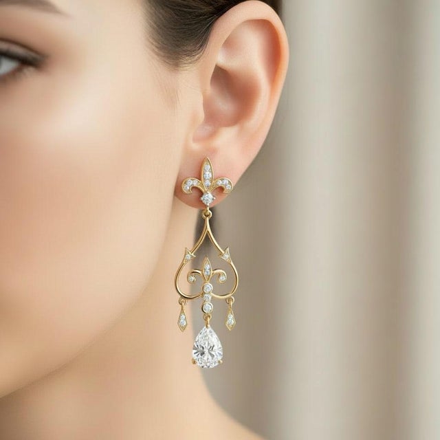 Fleur De Lis Chandelier Earrings Studs With Pear Moissanites in Silver, Gold, A Pair For Sale - Image 6 of 6