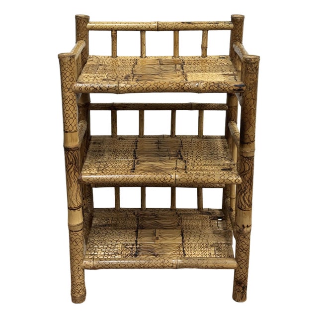 Vintage Scorched Bamboo Three Tier Etagere Shelf For Sale