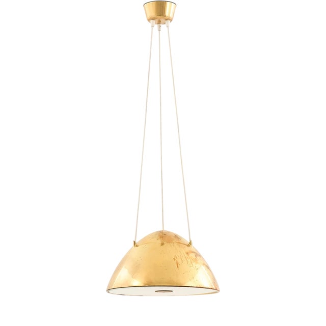 Ceiling Lamp with Dome-Shaped Brass Shade and Glass Diffuser from Paavo Tynell, 1952 For Sale