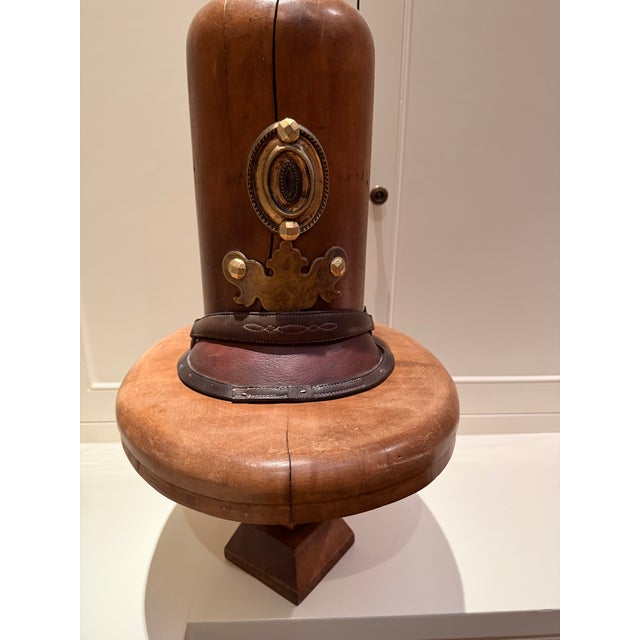 English Bobby Wood Vintage Hat Form Stand With Brass & Leather Details For Sale - Image 4 of 9