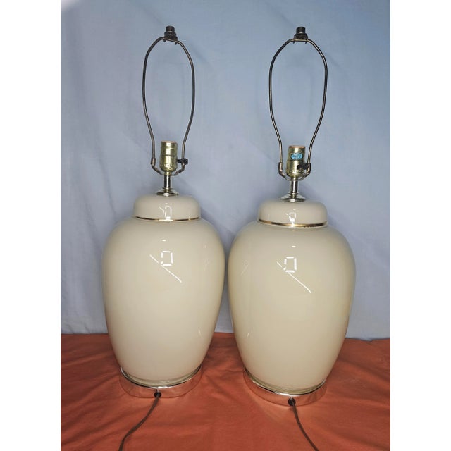 Metal Mid-Century Oriental Ginger Jar Table Lamp Hand Painted Signed Set of 2 For Sale - Image 7 of 10