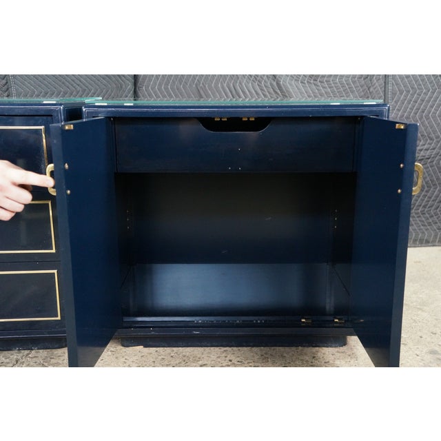 2 Mid Century John Stuart Navy Blue Lacquer Nightstands Bedside Chests MCM Pair For Sale - Image 16 of 18