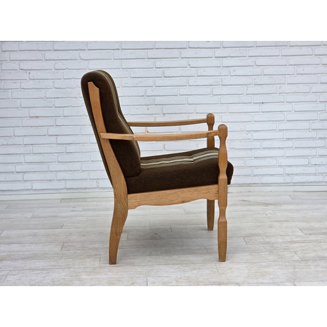 1970s Danish Armchair in Striped Furniture Wool and Carved Oak Wood, 1970s For Sale - Image 5 of 17
