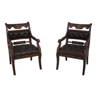 Pair Theodore Alexander Tufted Leather Open Armchairs For Sale