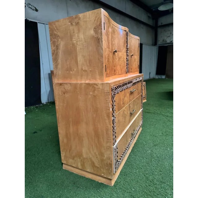 Stunning and Very Rare Hand Carved 1950's Bird's Eye Maple Tall Dresser For Sale In Lexington, KY - Image 6 of 10