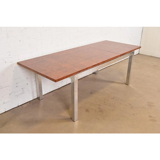 Mid-Century Modern Leon Rosen for Pace Collection Mid-Century Modern Burl Wood and Chrome Extension Dining Table, Newly Refinished For Sale - Image 3 of 11