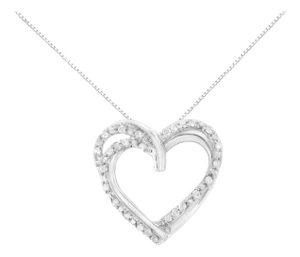 .925 Sterling Silver 1/4 cttw Prong Set Round-Cut Diamond Woven Double Heart 18" Pendant Necklace (I-J Color, I2-I3 Clarity)
