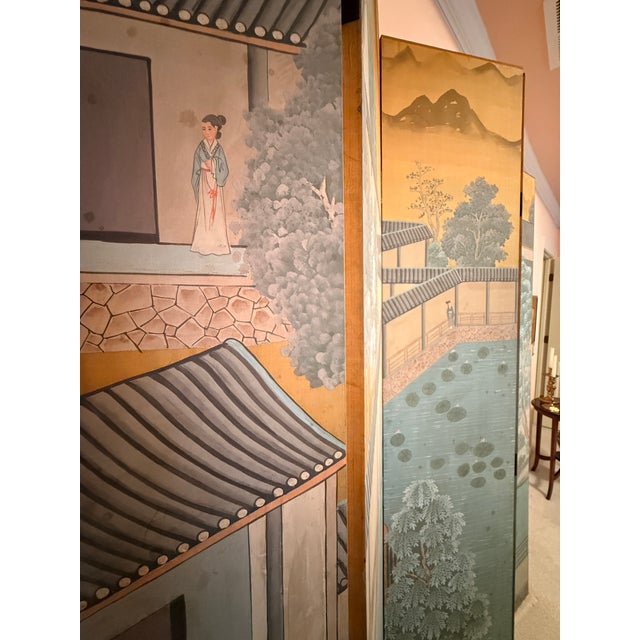 Late 19th Century Antique Six Panel Watercolor Floor Screen For Sale - Image 5 of 15