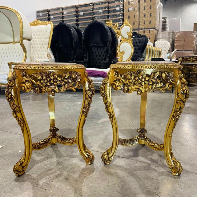 Beige French-Style Gilded Side Table Set of 2 – Beige Marble Top With Gold Leaf Floral Details For Sale - Image 8 of 8