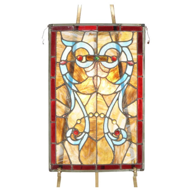 Arts & Crafts Leaded Slag & Jeweled Stained Glass Window with Stylized Owl, Circa 1920 For Sale - Image 12 of 12