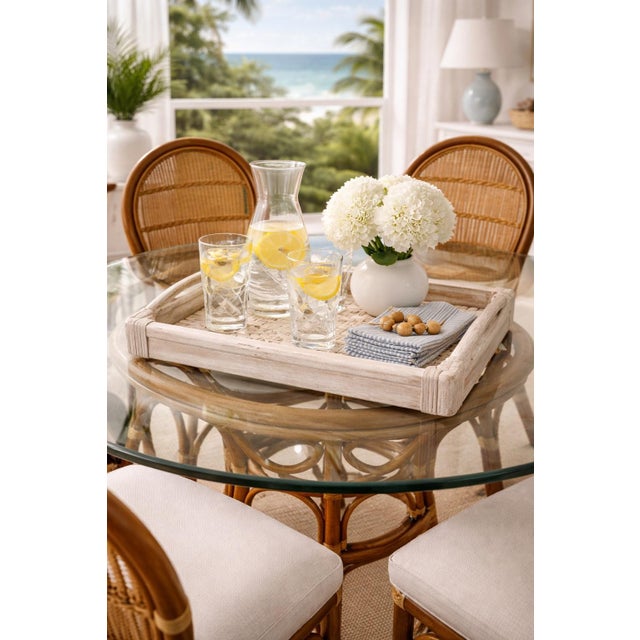 A beautifully crafted vintage bamboo and woven rattan serving tray, refreshed in a soft Coastal Breeze whitewashed finish....