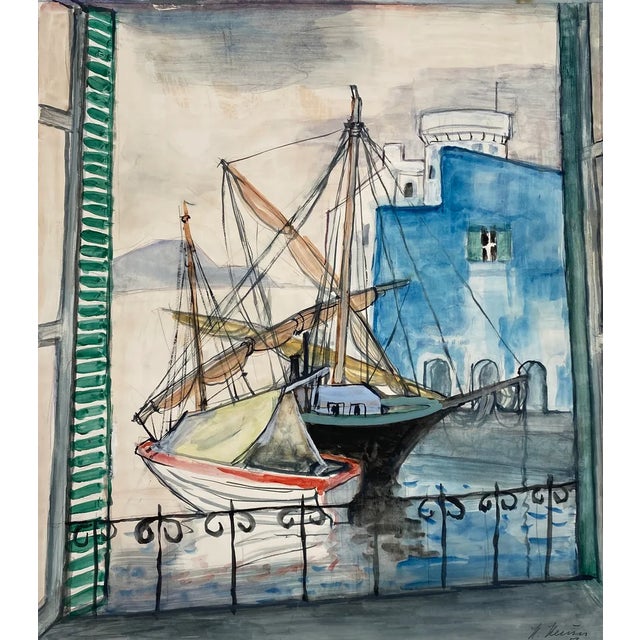 Heinrich Heuser, Boats in the Harbor in Italy, 1956, Gouache & Watercolor For Sale