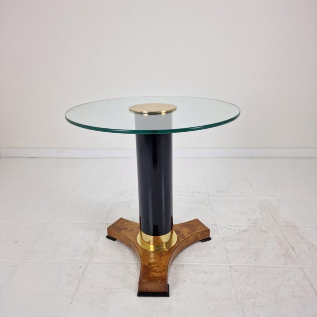 Postmodern Glass, Brass, and Wood Side Table, Germany, 1980s For Sale - Image 14 of 14