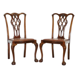 James Phillips Chippendale Claw & Ball Side Dining Desk Leather Chairs, 1890s For Sale