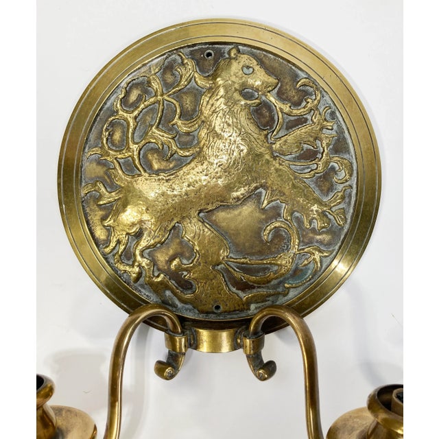Antique Bronze Lion Crest Electrified Wall Sconce Pair For Sale In Kansas City - Image 6 of 8