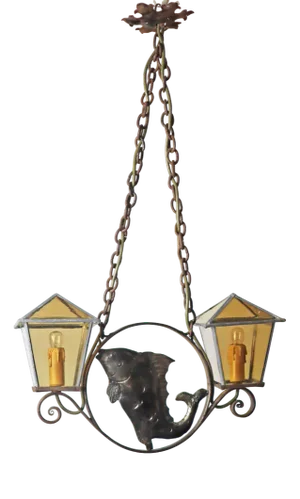 Arts and Crafts Wrought Iron and Leaded Glass Fish Pendant Lamp, Germany, 1920s