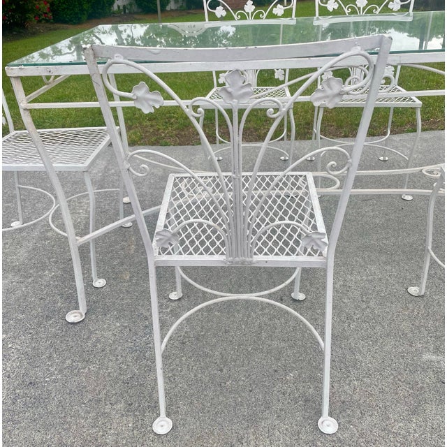 Mid 20th Century Grape Leaf & Vine Wrought Iron Outdoor Patio Table W/Glass Top & 6 Mesh Seat Chairs For Sale - Image 6 of 12