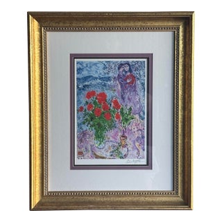 1980s Print on Paper After Marc Chagall - Red Bouquet With Lovers For Sale
