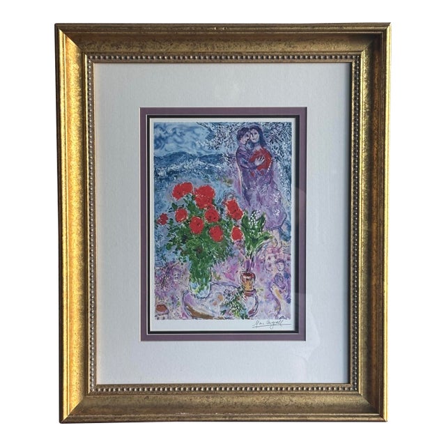 1980s Print on Paper After Marc Chagall - Red Bouquet With Lovers For Sale