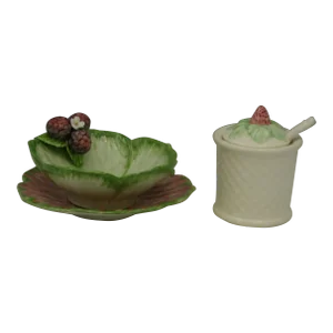 Vintage Handcrafted European Pottery Berry Serving Set Bowl Plate Jar - 5 Pieces