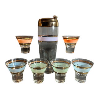 Vintage 1960’s Gold Rimmed Cocktail Shaker and 6 Glasses ~ Pastel Colors For Sale