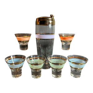 Vintage 1960’s Gold Rimmed Cocktail Shaker and 6 Glasses ~ Pastel Colors
