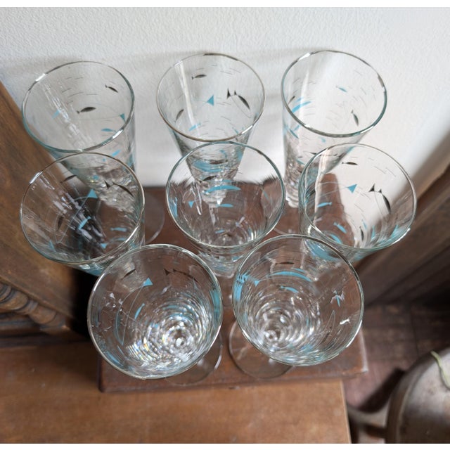 Libbey Glass Company put the Mediterranean pattern into production in 1956 with a fun atomic fish pattern in aqua blue and...