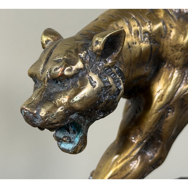 Art Deco Vintage Art Deco Style Bronze Tiger Sculpture on Marble Base For Sale - Image 3 of 11