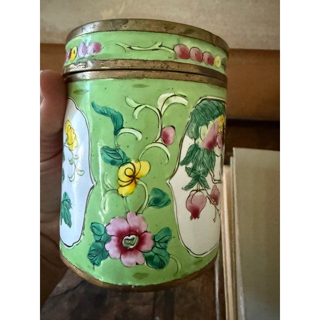 Paint Vintage Apple Green Canton Enamel Floral Covered Box For Sale - Image 7 of 8