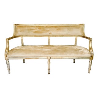 Late 20th Century French Neoclassical Louis XVI Style Giltwood & Painted Settee With Champagne Velvet Upholstery For Sale