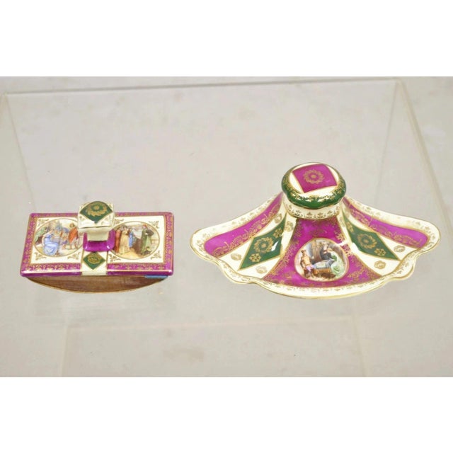 Antique Old Vienna Paris Porcelain Inkwell and Ink Blotter Desk Set - 2 Pc Set. Item features painted scenes, beautiful...