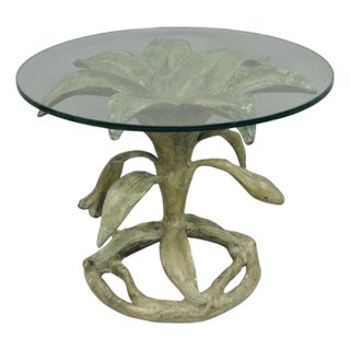 Vintage Arthur Court Green Verdigris Gilt Bronze & Glass Lily Flower Side Table For Sale