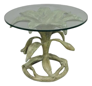 Vintage Arthur Court Green Verdigris Gilt Bronze & Glass Lily Flower Side Table