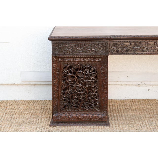 Finely Carved Anglo-Indian Rosewood Pedestal Desk For Sale - Image 4 of 12