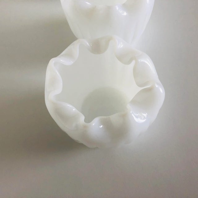 Midcentury set of 3 white opalescent milk glass ruffed rimmed vases, 4.5"H X 4.5"D , No makers mark in excellent condition.